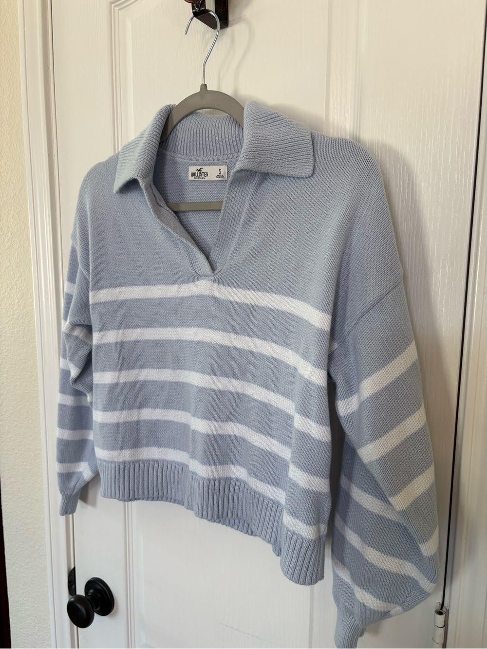 Hollister Light Blue & White Striped V-Neck Collared Sweater